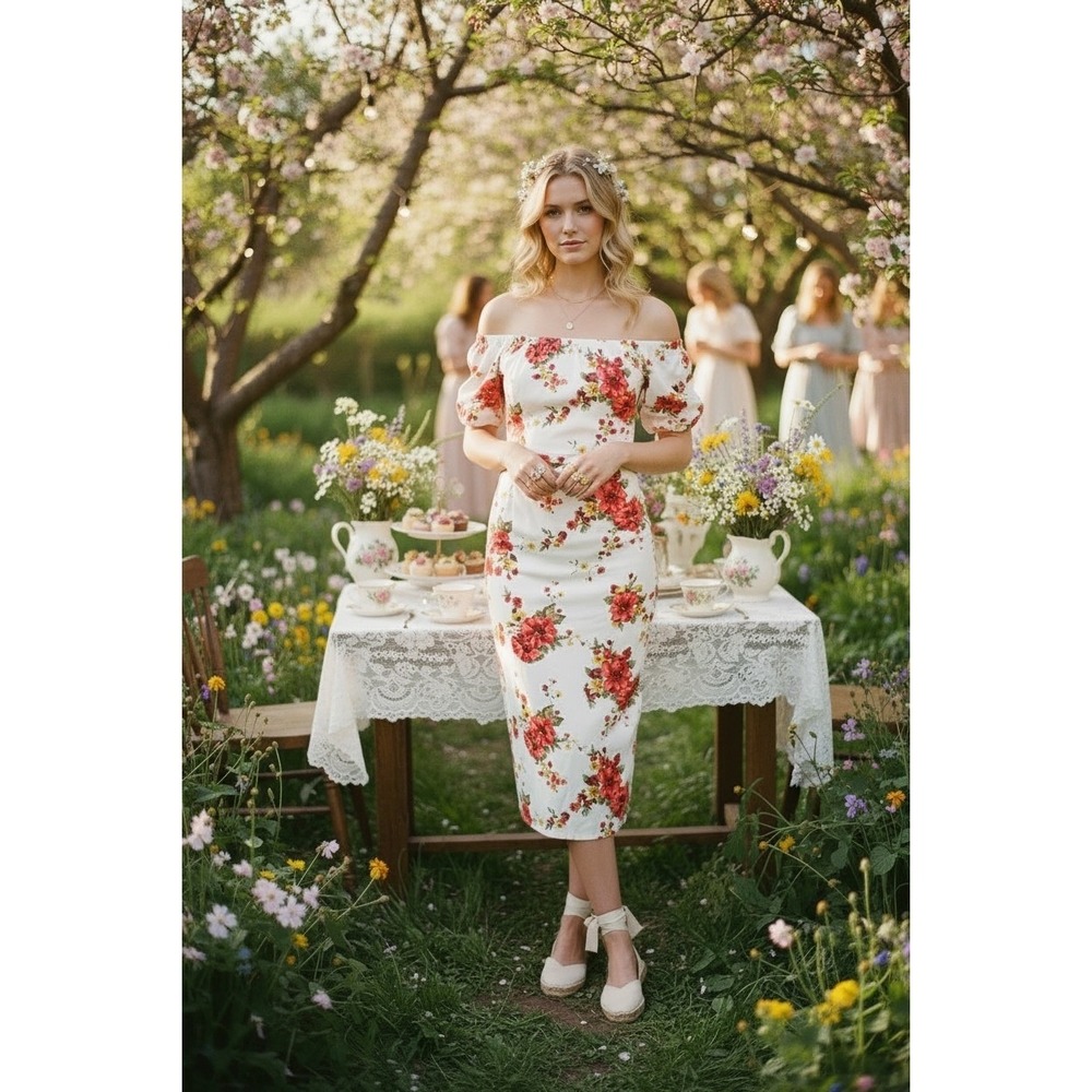 Romantic Floral Off Shoulder Dress Womens XL Cottagecore Coquette Tea Party
